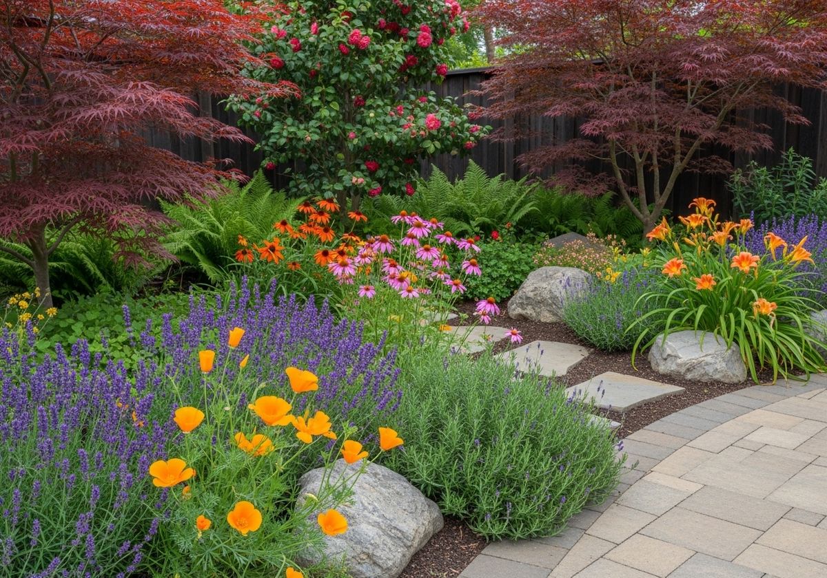 Lush garden landscape with vibrant flowers and trees