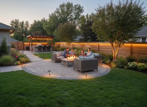 Parents and children relaxing by a fire pit in a beautifully lit backyard. Features an outdoor kitchen, patio, and garden. Family enjoying a cozy evening in a modern backyard with fire pit and outdoor kitchen