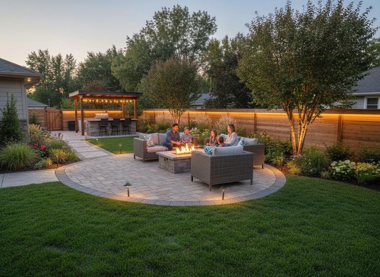 Parents and children relaxing by a fire pit in a beautifully lit backyard. Features an outdoor kitchen, patio, and garden. Family enjoying a cozy evening in a modern backyard with fire pit and outdoor kitchen