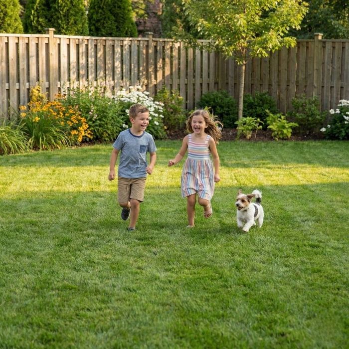 Two happy children chasing a dog across a well-maintained green lawn in a sunny backyard
