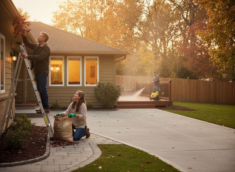 A man on a ladder cleans the house while a woman bags leaves, and another man pressure washes a deck during autumn. Family doing fall home maintenance and yard work