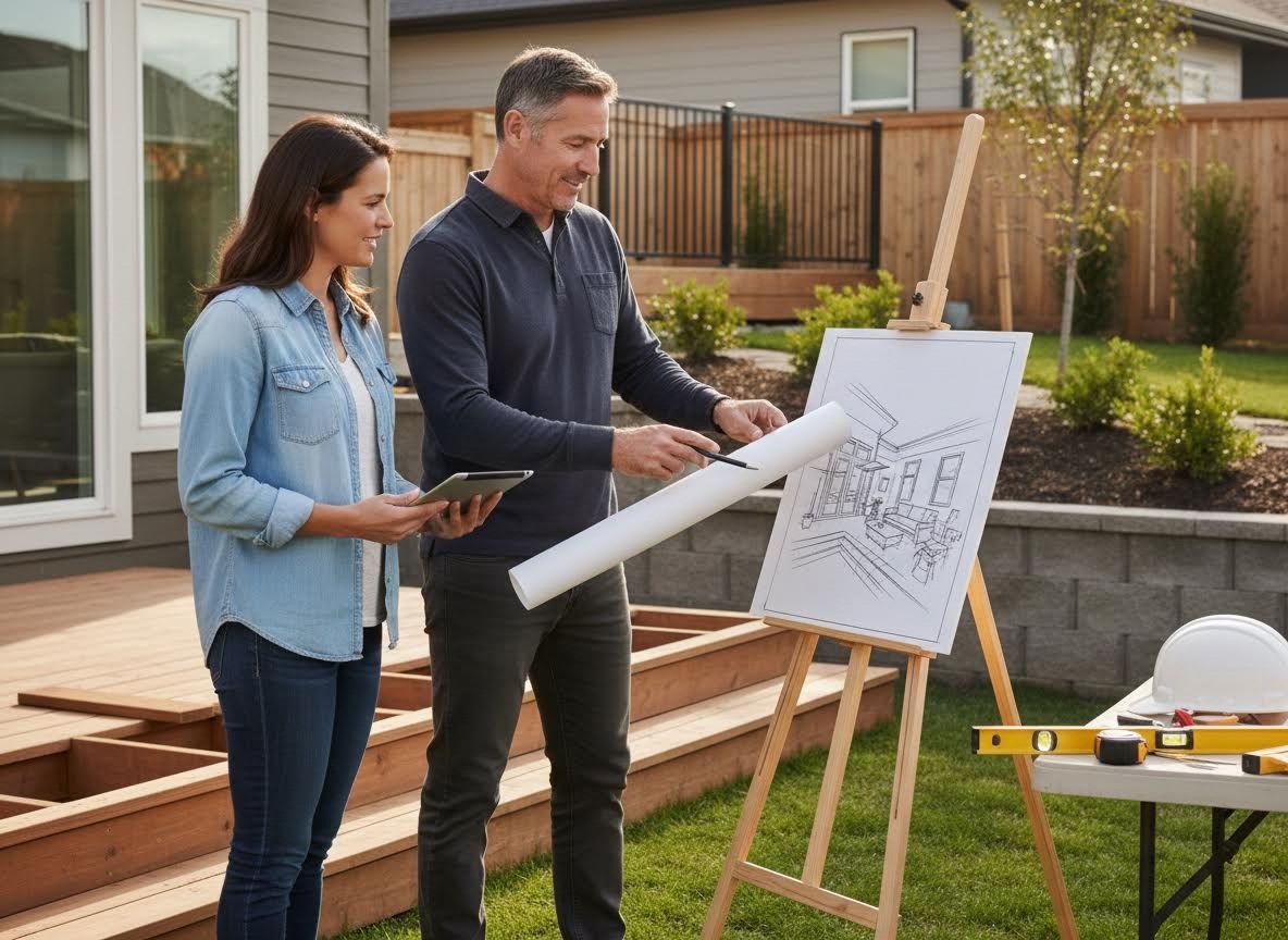 Couple reviewing home renovation plans outdoors