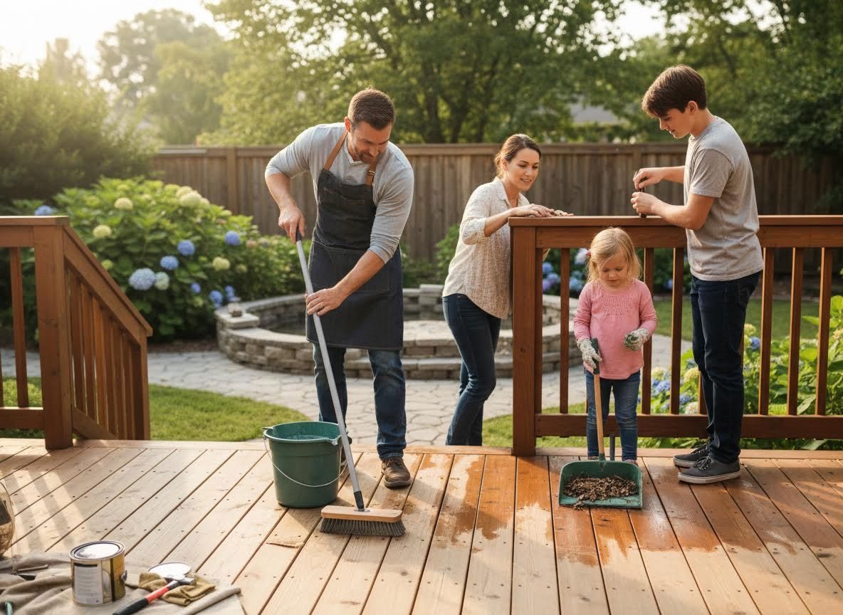Family Cleaning Wooden Deck Together