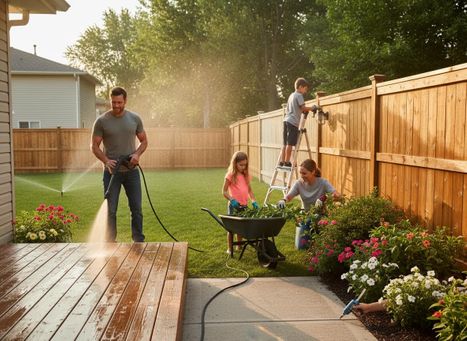 A family of four doing backyard chores. Father pressure washes the deck, mother and daughter garden, and son cleans the fence. Family doing yard work and home maintenance