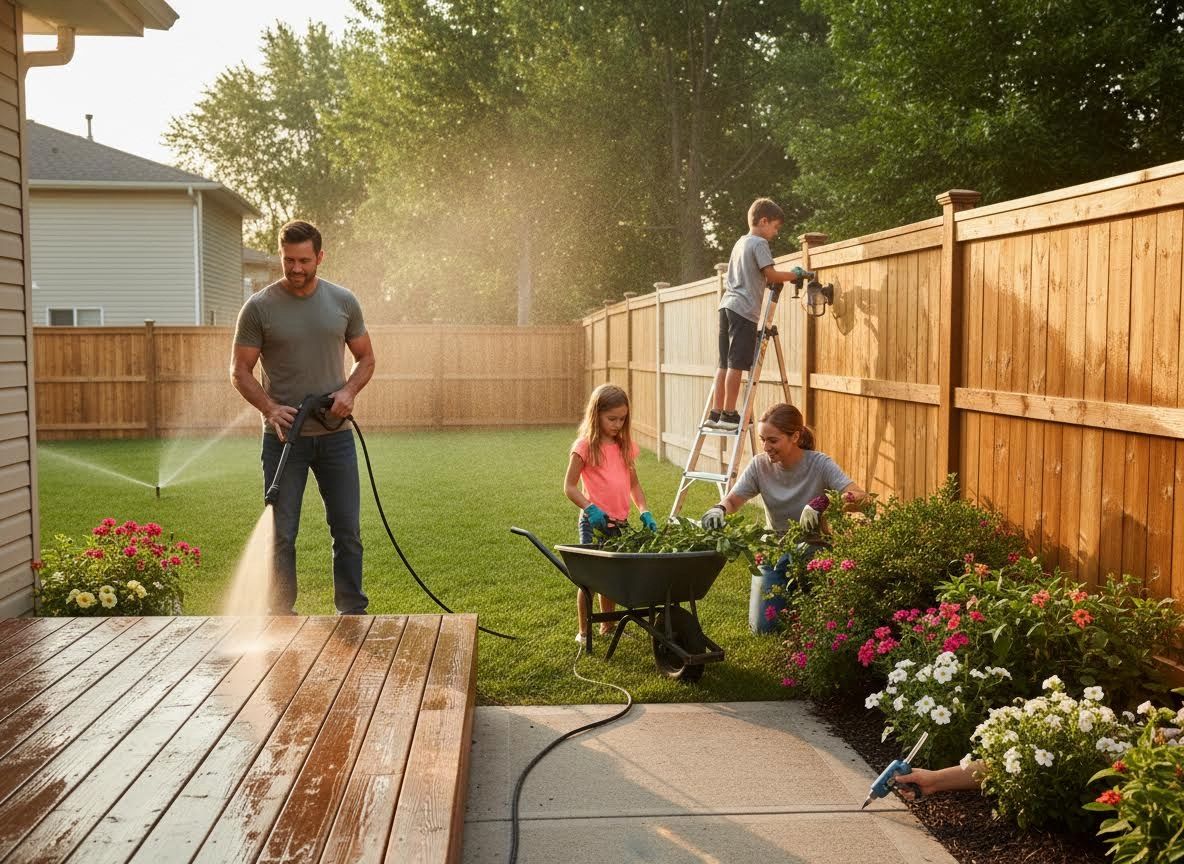 Family doing yard work and home maintenance