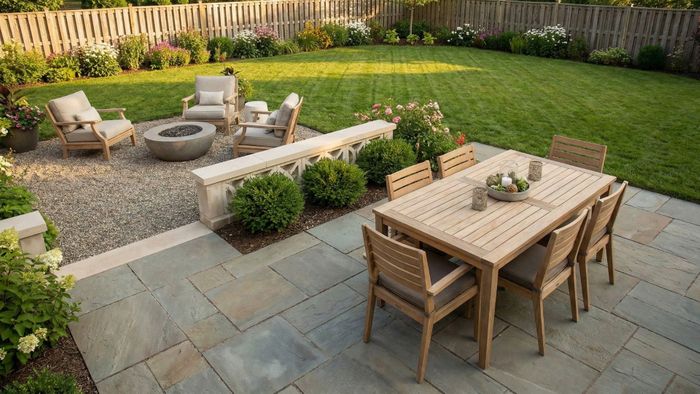 Wide angle landscape photograph of a backyard divided into dining and lounging zones