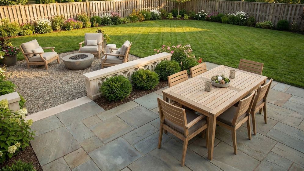 Wide angle landscape photograph of a backyard divided into dining and lounging zones