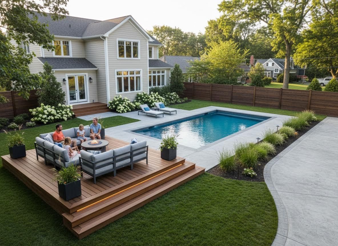 Modern Backyard Oasis with Swimming Pool and Fire Pit