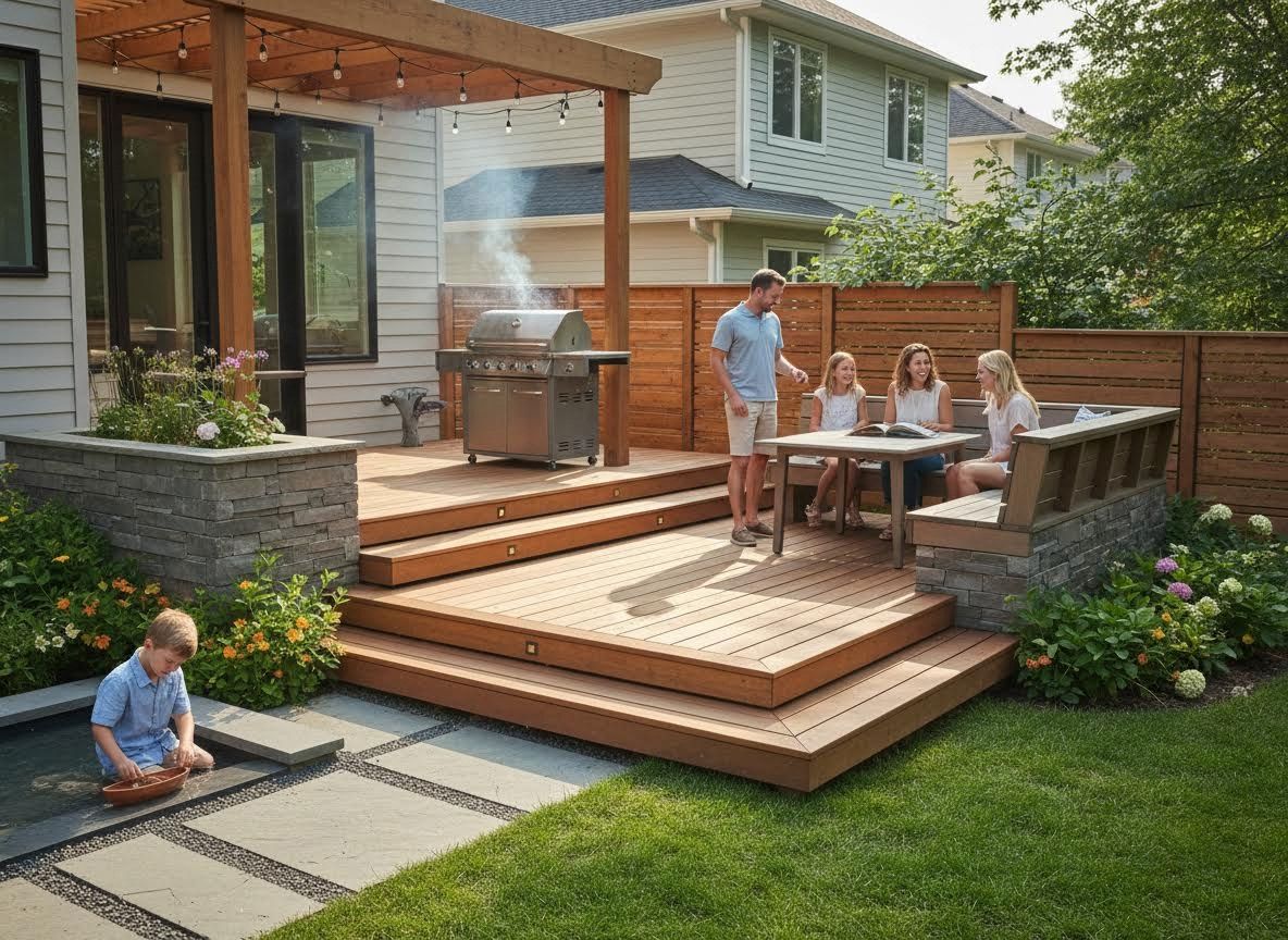 Family enjoying a tiered wooden backyard deck with barbecue and water feature
