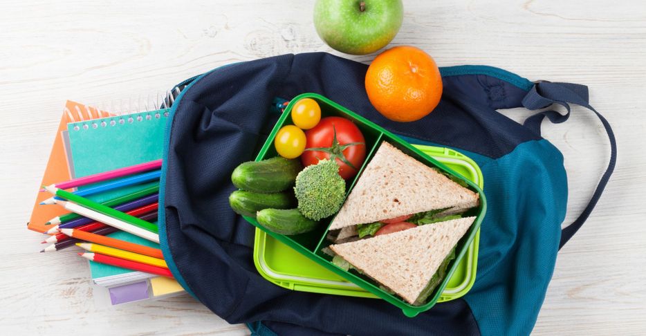 A backpack with a healthy lunch on top.