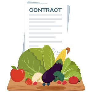 a board of fruits and vegetables in front of a contract icon