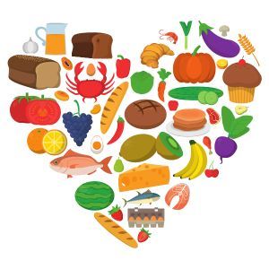 a heart created by a variety of healthy foods icon