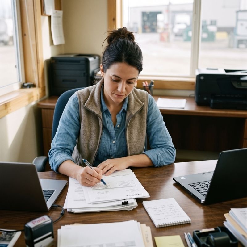 HR manager reviewing corporate housing invoices at a field office desk