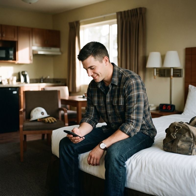 Worker relaxing on bed in furnished corporate lodging unit