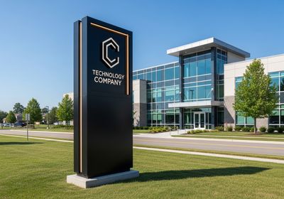 Exterior view of a modern technology company building with a prominent black sign displaying the company logo and name, set against a backdrop of manicured lawns and a clear blue sky. Technology Company Building Exterior