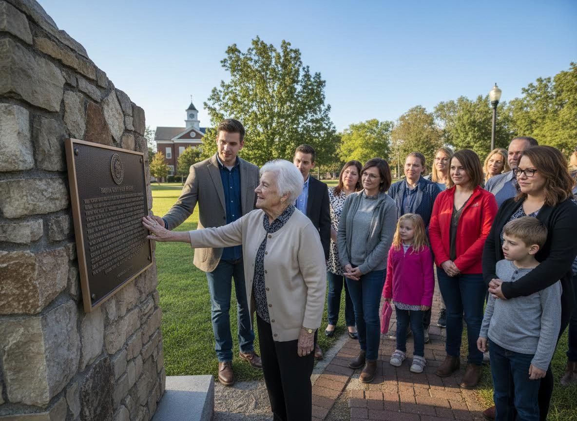 Family unveiling a historical plaque on a college campus