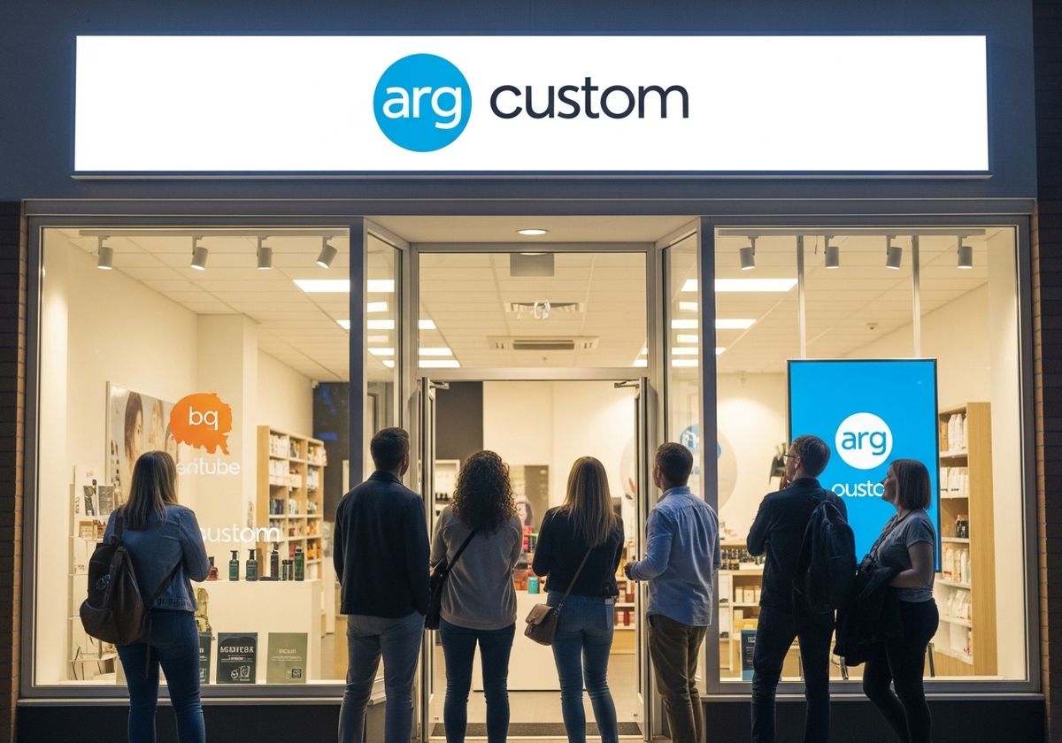 Group of people outside Arg Custom store at night