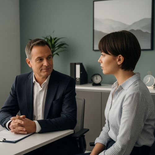 A confidential meeting in an office, representing the discrete service of a bonding company