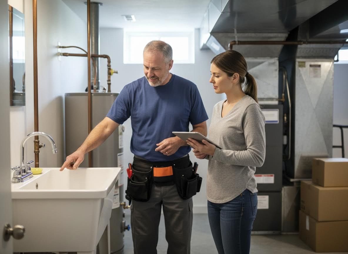 Plumber discussing a utility sink with a homeowner in a basement