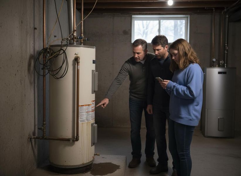 Family Inspecting Leaky Water Heater in Basement