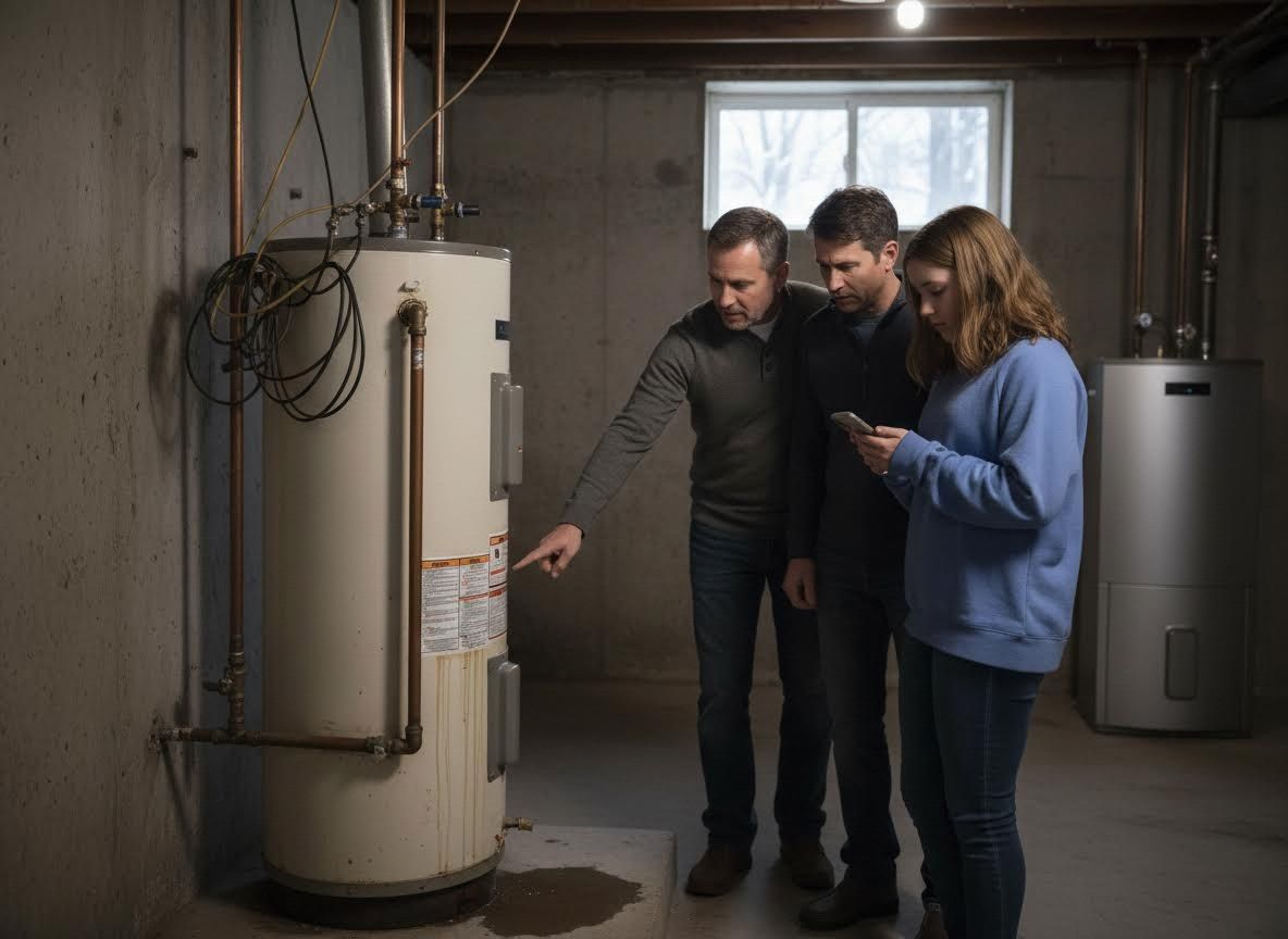 Family Inspecting Leaky Water Heater in Basement