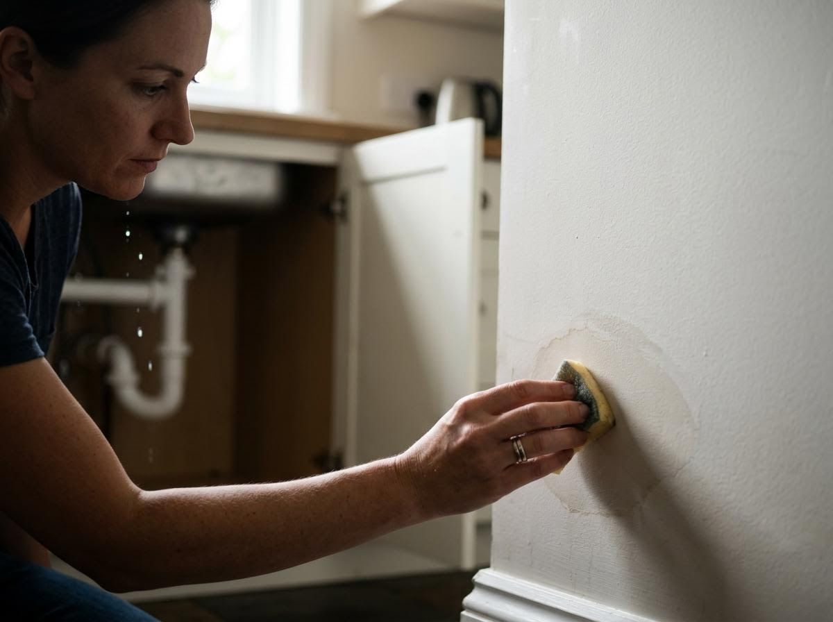 Woman cleaning water stain from leaky pipe