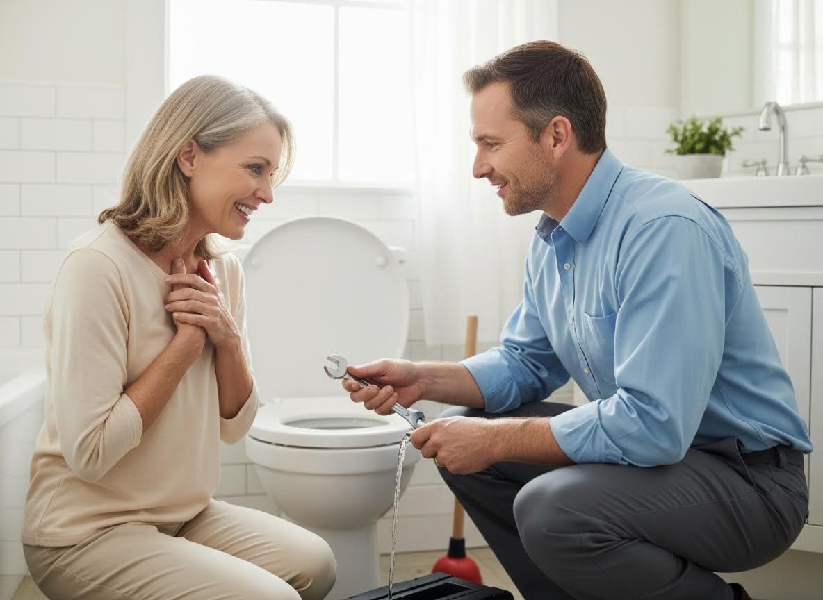 Plumber fixing a toilet with a happy customer