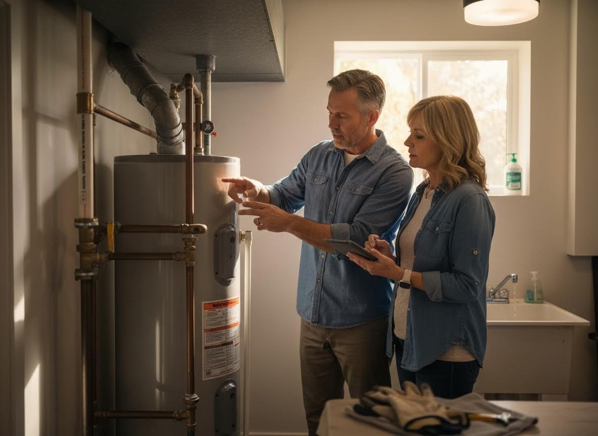 Couple Inspecting Water Heater in Utility Room