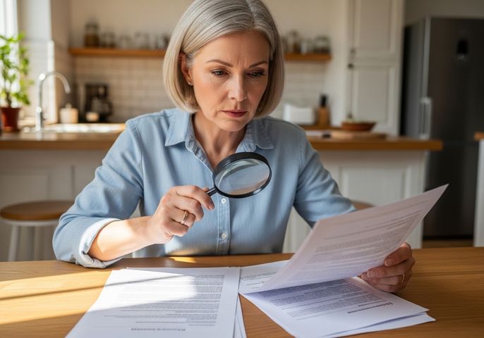 Woman Carefully Reviewing Documents with Magnifying Glass