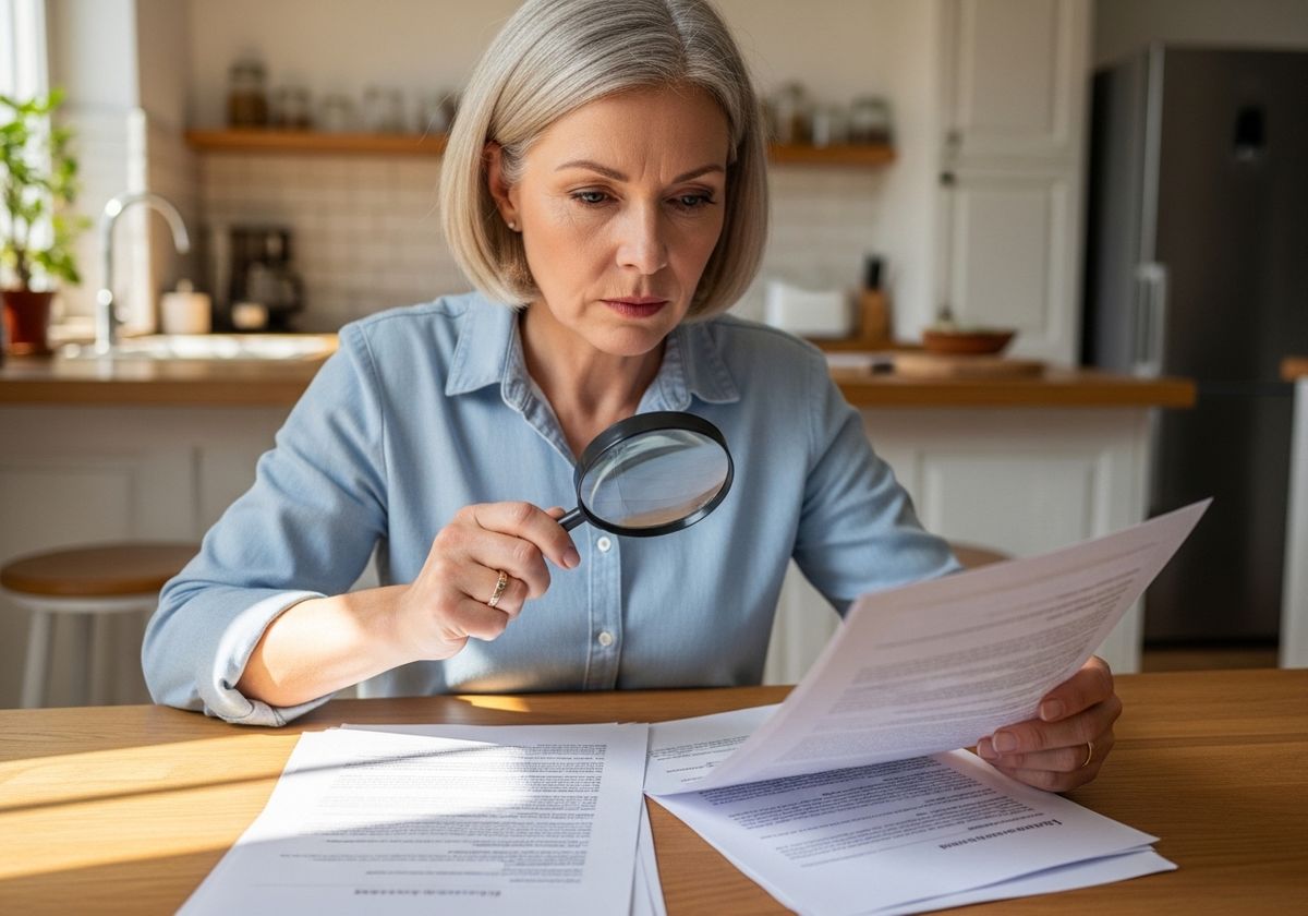 Woman Carefully Reviewing Documents with Magnifying Glass