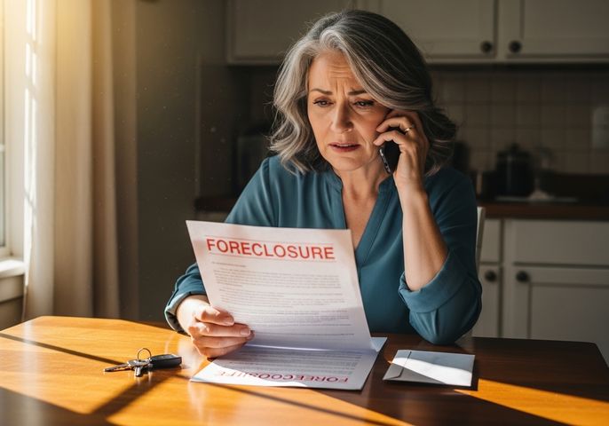 Worried woman with foreclosure notice on the phone