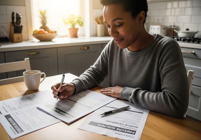 Woman filling out forms at kitchen table