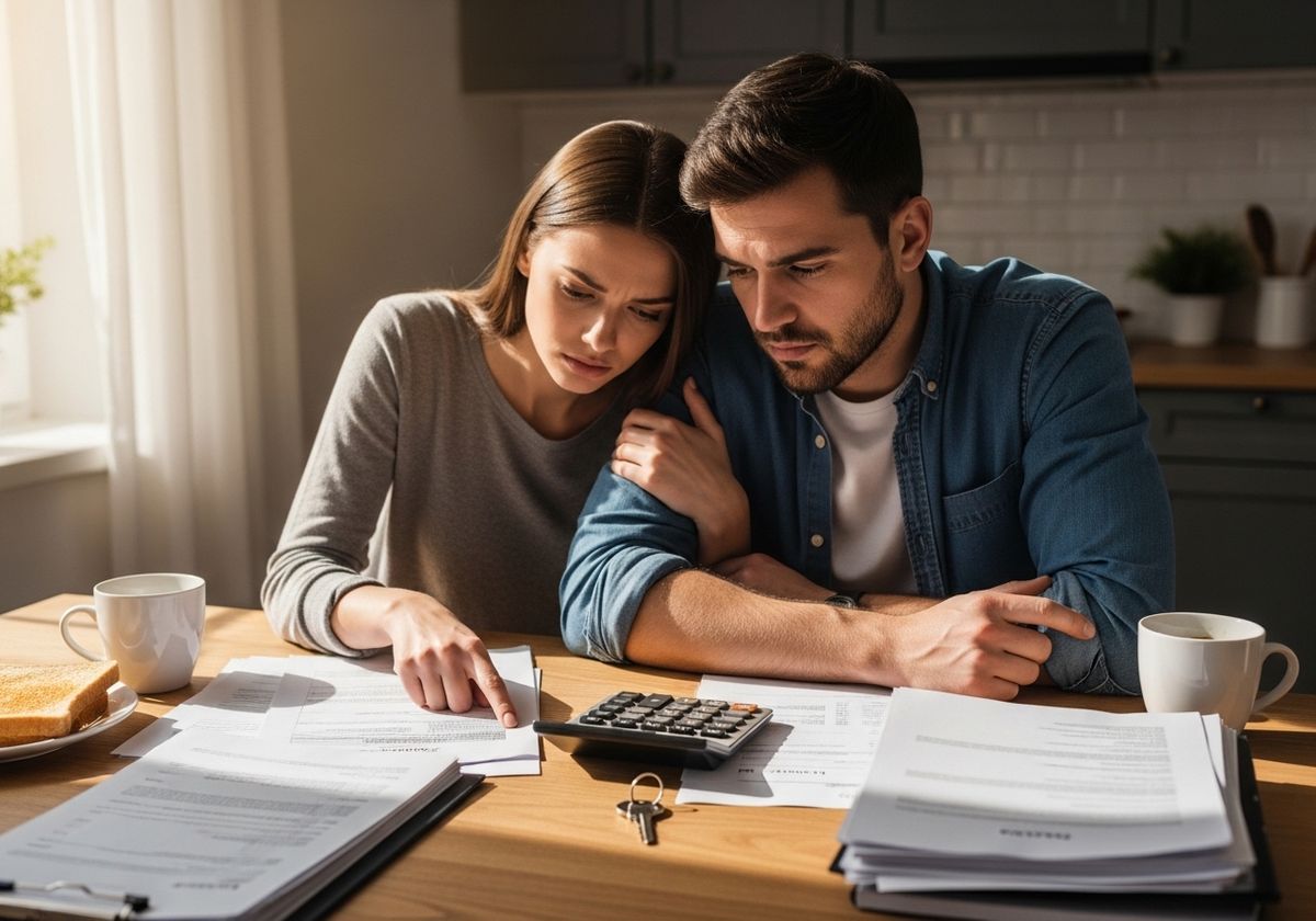 Worried Couple Reviewing Finances at Kitchen Table