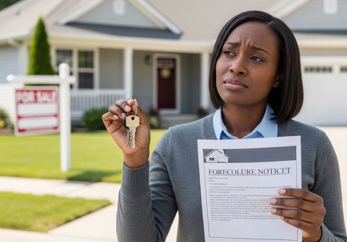 A concerned-looking African American woman stands in front of a house with a 'For Sale' sign, holding keys in one hand and a 'Foreclosure Notice' in the other, suggesting potential financial hardship and the stress of losing a home. Worried woman holding keys and foreclosure notice in front of house for sale