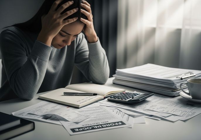 A woman sits at a desk with her head in her hands, surrounded by papers, a calculator, and a notebook, conveying stress and financial difficulties. Woman overwhelmed by financial problems