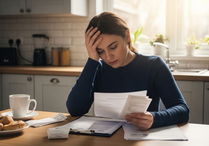A worried-looking woman sits at her kitchen table, holding her head with one hand and reviewing bills and receipts with the other. A cup of coffee and a plate of pastries sit nearby, suggesting she has been working on her finances for a while. The scene conveys stress and concern about financial matters. Worried Woman Reviewing Bills at Kitchen Table