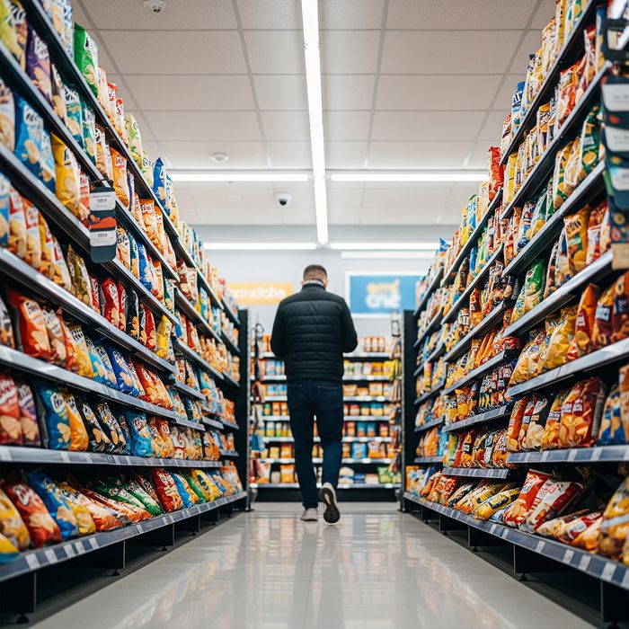 A convenience store interior, with a person Browse snacks on a shelf snacks.jpg
