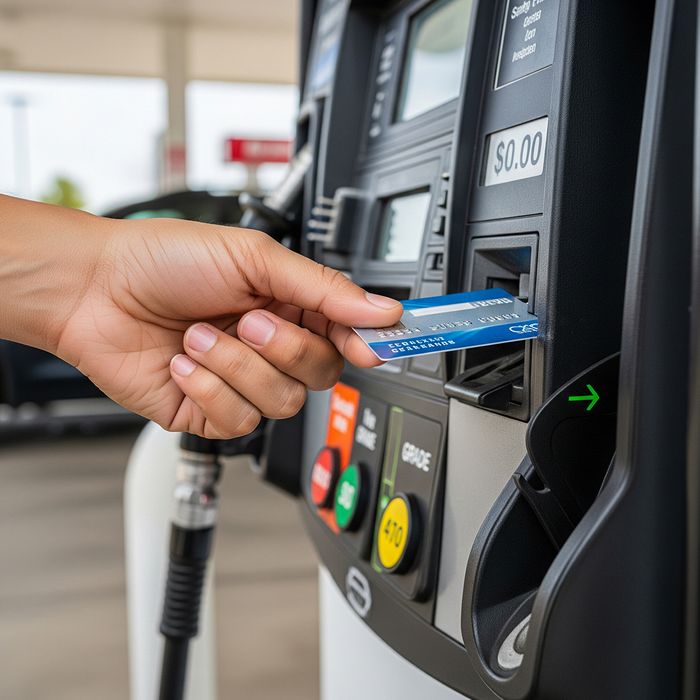 A person's hand using a credit card at a gas pump creditcard.jpg