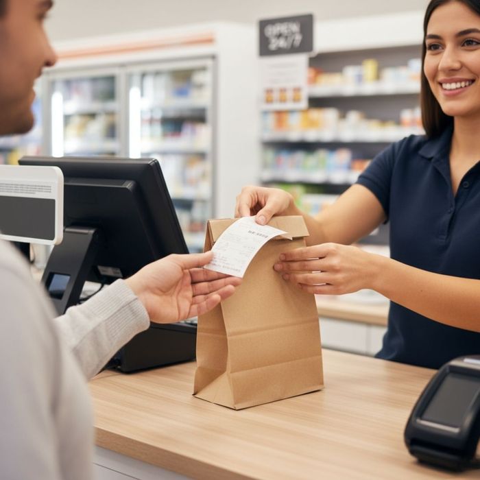 Cashier handing bag to customer Cashier handing bag to customer