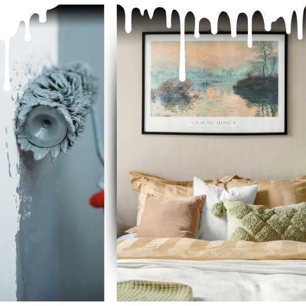 A paint roller covered in paint and a freshly painted bedrom