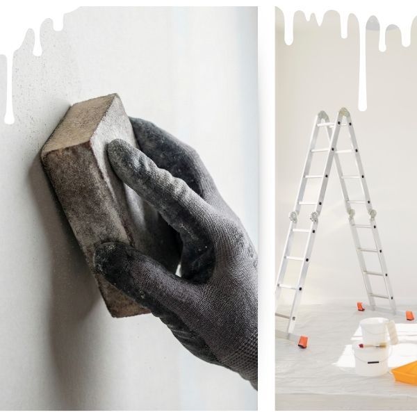 hand using a sanding block on a smooth drywall surface and a ladder