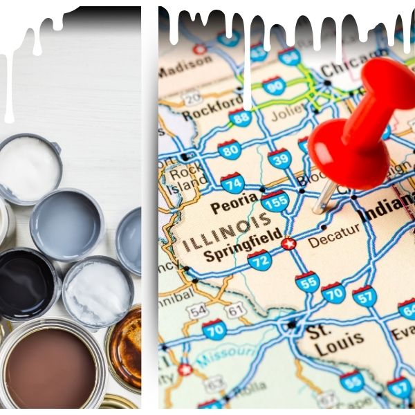 Open paint cans in different colors and a map of Illinois