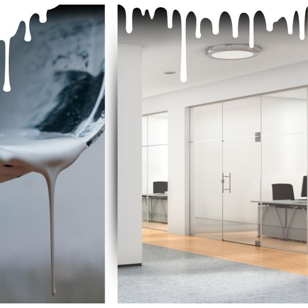 Paint being poured from a can and a freshly painted office space