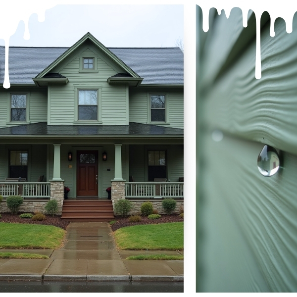 A detailed close-up showing water beading perfectly on sage green exterior wood siding, illustrating the durability and moisture resistance of premium weather-resistant coatings