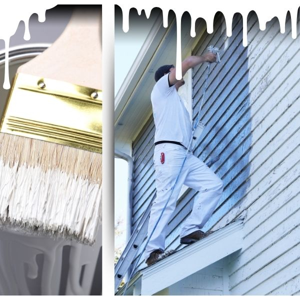 A paint brush laying on top of a paint can and a painter painting the exterior of a house