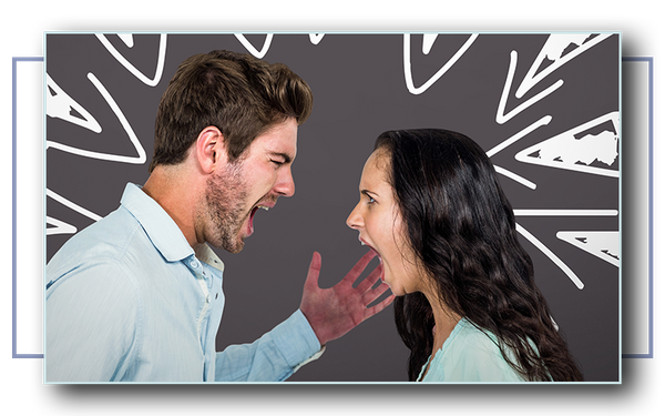 Couple screaming at each other, with digitally illustrated exclamation points drawn on a blackboard.