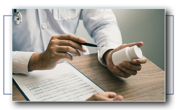 Confident doctor man holding a pill bottle and talking with patient.