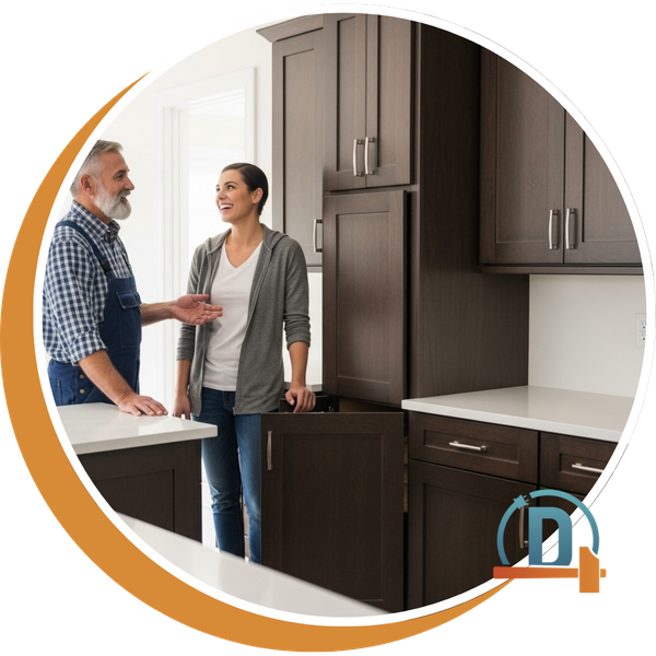 a friendly contractor discusses the finished cabinet installation with a happy homeowner in her beautiful new kitchen