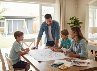 A happy family with two boys reviews house blueprints and material samples on a table. The father points, mother holds a tablet. Family Discussing Home Design Plans