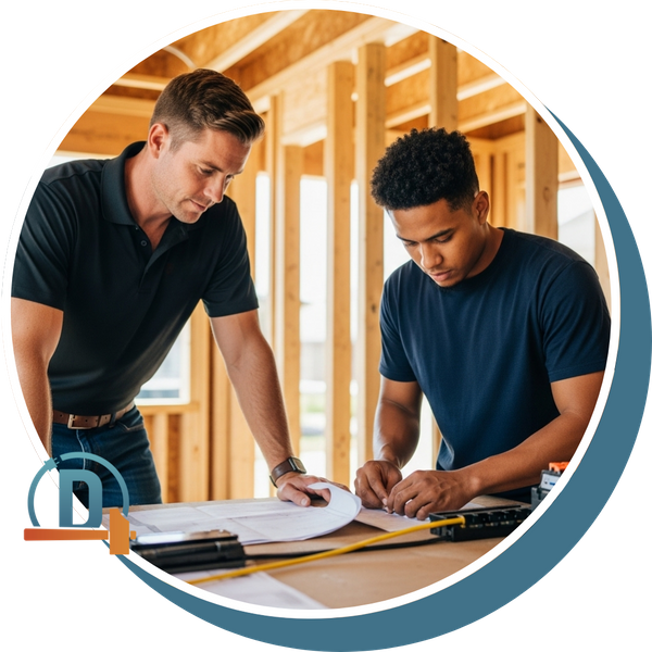 two professional contractors, a builder and an electrician, collaborating on-site inside the framing of a new home addition